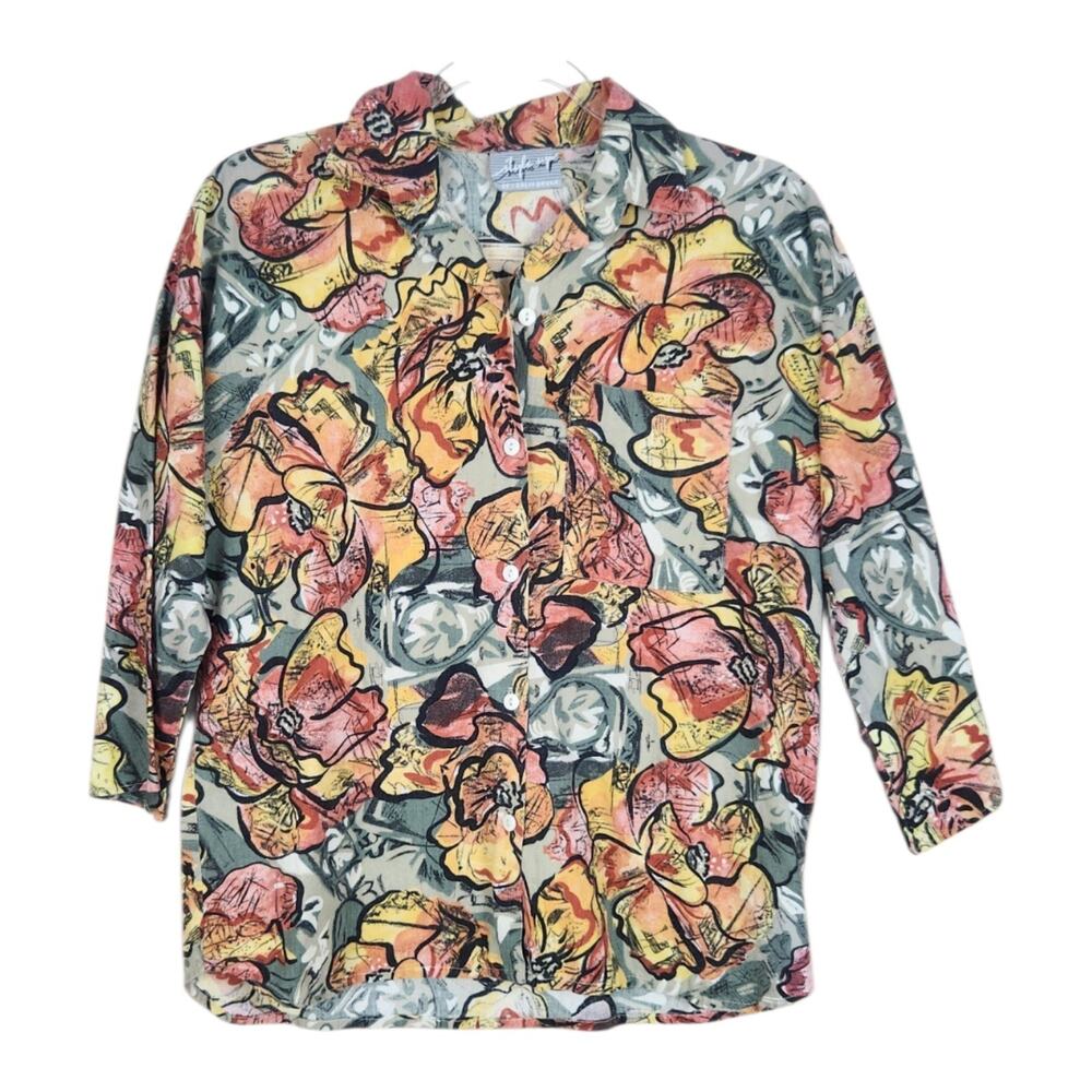 Vintage Artsy Floral Button-front Top Medium Fall Made In USA Indie 100% Cotton